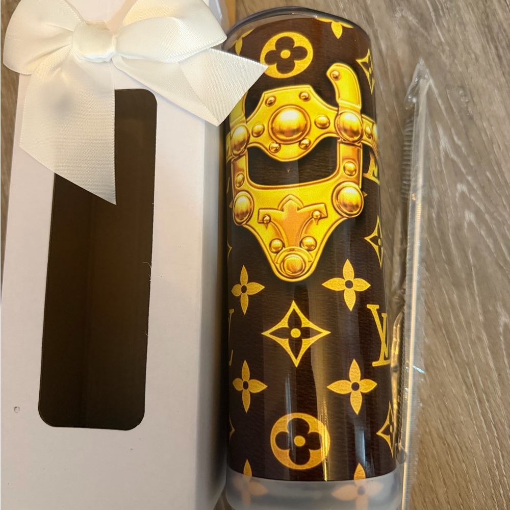 Gold and Brown Patterned Tumbler 20 oz with straw, straw cleaner, and grip